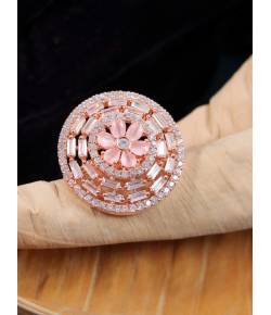 Crunchy Fashion American Diamond Gold-Plated Pink Studded Ring CFR0603