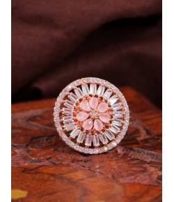 Crunchy Fashion Rose-Gold White American Diamond Studded Handcrafted Adustable Finger Ring CFR0607