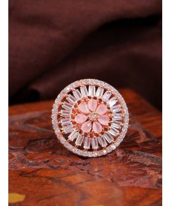 Crunchy Fashion Rose-Gold White American Diamond Studded Handcrafted Adustable Finger Ring CFR0607