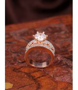 Crunchy Fashion Rose Gold Princess Cut American Diamond Finger Ring CFR0613
