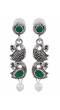 Crunchy Fashion Traditional Oxidised Silver Long Design Green Peacock Shape Necklace Set CFS0385