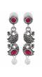Crunchy Fashion Traditional Oxidised Silver Long Design Maroon Peacock Shape Necklace Set CFS0386