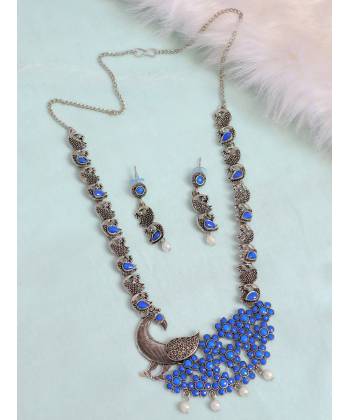 Crunchy Fashion Traditional Oxidised Silver Long Kemp Design Blue Peacock Shape Necklace Set CFS0390
