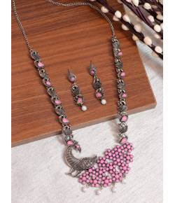 Crunchy Fashion Traditional Oxidised Silver Long Design Pink Peacock Shape Necklace Set CFS0389