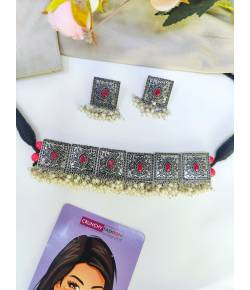 Buy Online Crunchy Fashion Earring Jewelry Boho Chic Oxidised Choker Set - Afghan Jewellery Set for Women & Girls Necklaces & Chains CFS0392