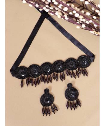 Crunchy Fashion Black Beaded Handmade Choker Jewellery Set CFS0393