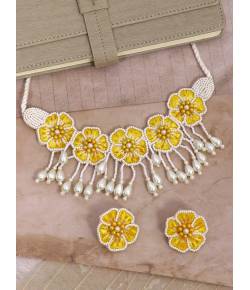 Crunchy Fashion Handmade Adjustable Flower White & Yellow Beads Choker Beads Fabric Necklace Set