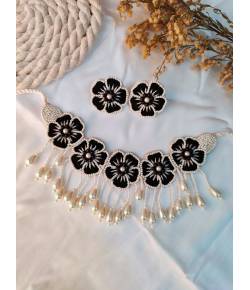 Blossom Choker in Black - Floral Handmade Beaded Necklace and Earrings Jewellery Set