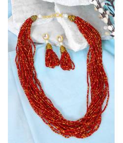 Crunchy Fashion Red Pearl Long Layered Jewellery Set CFS0429