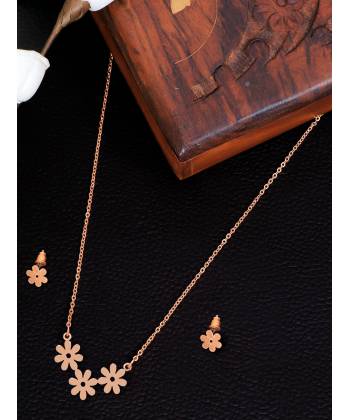 Rose Gold Floral Pendant Necklace & Studs Jewellery Set 