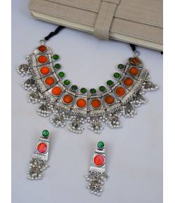 Oxidized Silver Boho Red & Green Stones Jewelry Set for Women/Girls