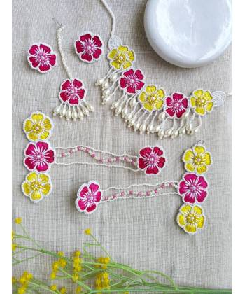 Pink-Yellow Beaded Bridal Haldi Jewellery Set - Multicolor Floral