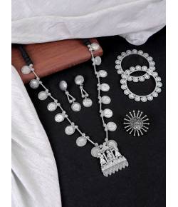 Long Oxidised Silver Boho Style Coin Jewellery Set for Women