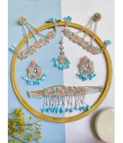 Sky-Blue & Pink Handmade Jewellery Set for Haldi Mehnd