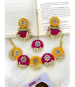 Pink-Yellow Handmade Fabric Jewelry Sets for Bridal and Haldi-Mehandi