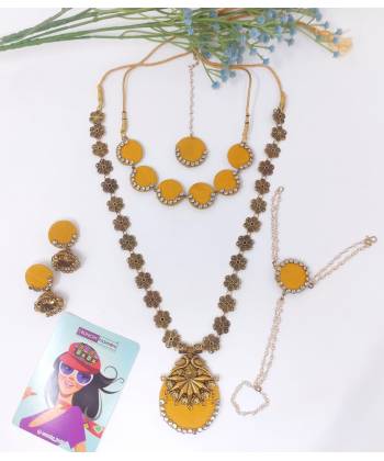  Handmade Yellow Fabric Kundan Studded Jewellery Set for Haldi Mehndi