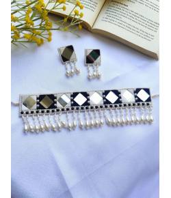 Black-White Mirror Work Choker Set - Beaded Necklace Set for