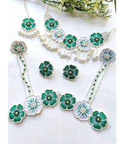 Green & White Blossom Floral Bridal Jewellery Set for Haldi-