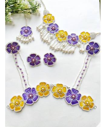 Handmade Yellow-Purple Blossom Jewellery Set For Haldi