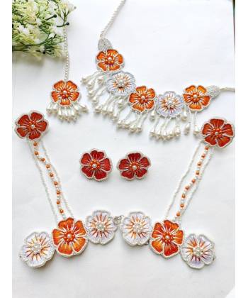 Orange-White Handmade Floral Jewellery Sets for