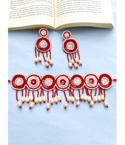 Red-White Handmade Beaded Choker Jewellery Set for Girls