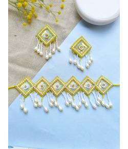 Yellow Handmade Beaded Choker Necklace Set for haldi