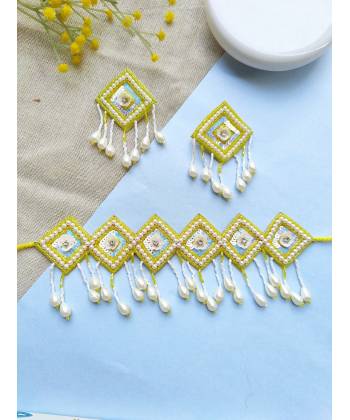 Yellow Handmade Beaded Choker Necklace Set for haldi