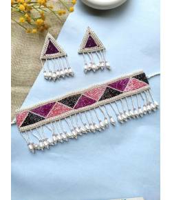Purple Handmade Beaded Choker Jewellery Set for Women
