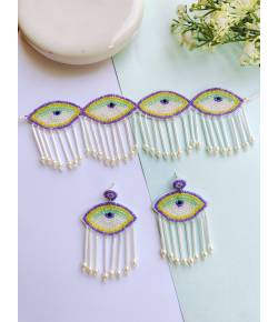 Handmade Lavender-White Evil Eye Jewellery Set for Girls