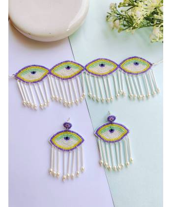 Handmade Lavender-White Evil Eye Jewellery Set for Girls