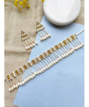 Handmade Golden Beaded Jewellery Set for Party