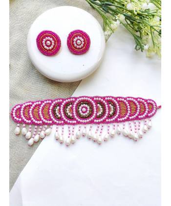 Pink & Gold Beaded Choker Necklace Set for Women