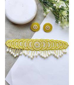 Yellow & White Handmade Beaded Choker Jewellery Set for