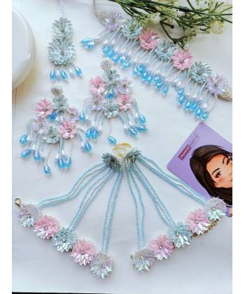 Ice Blue-Pink Floral Design Pastel Haldi-Mehndi Jewellery Set for