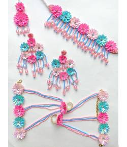 Pink-Mint Green Handmade Floral Beaded Jewellery Sets for