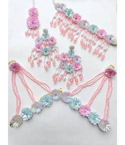 Powder-Blue & Pink Handmade Beaded Haldi-Mehndi Floral