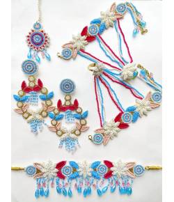 SkyBlue-Pink Handmade Beaded Floral Jewellery Set for Haldi