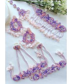Purple-Peach Beaded Floral Jewellery Set - Perfect for Haldi Festivals & Weddings