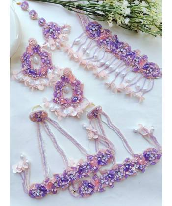 Purple-Peach Beaded Floral Jewellery Set - Perfect for Haldi Festivals & Weddings