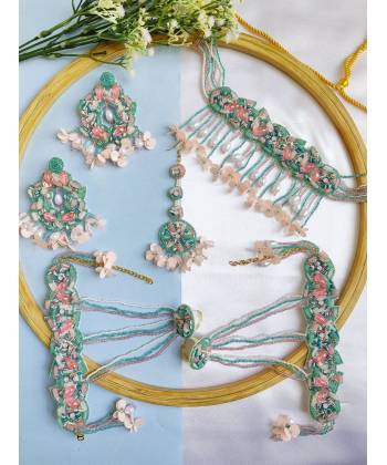 Stylish Floral Green-Pink Handmade Jewellery Set for