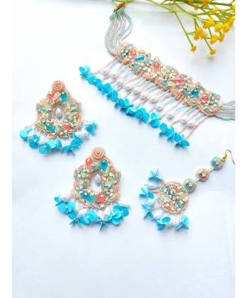 Sky Blue-Pink Handmade Beaded Floral Jewelery Set for Haldi