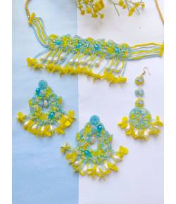 Yellow-Aqua Blue Handmade Beaded Floral Jewellery Set- set