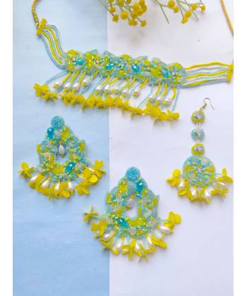 Yellow-Aqua Blue Handmade Beaded Floral Jewellery Set- set
