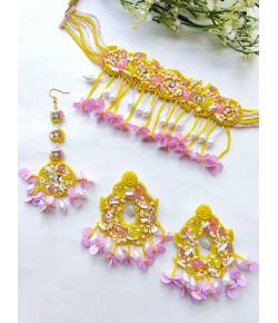 Floral Beaded Yellow-Pink Haldi Jewellery Set for Women and