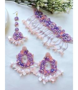 Pink & White Beaded Floral Jewellery Set for Haldi & Mehndi