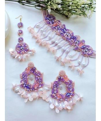 Pink & White Beaded Floral Jewellery Set for Haldi & Mehndi