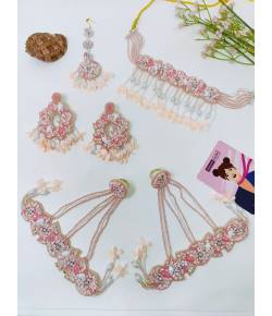 Peach-Pink Floral Haldi and Mehndi Beaded Pearl Jewelry Set