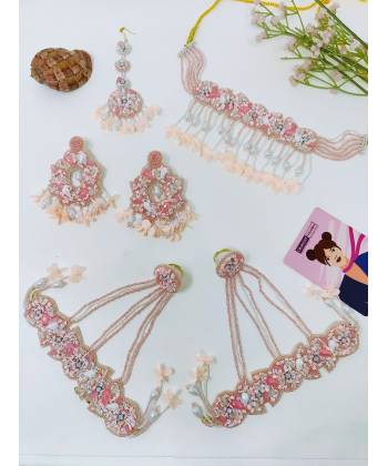 Peach-Pink Floral Haldi and Mehndi Beaded Pearl Jewelry Set