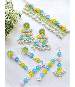 Handmade Floral Sky Blue-Pink-Yellow Beaded Jewelry Set for