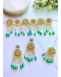 Buy Online Crunchy Fashion Earring Jewelry Floral Green-Yellow-PInk Bridal Jewellery Set for Haldi & Mehndi Ceremonies Handmade Beaded Jewellery CFS0584